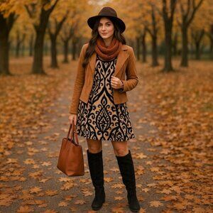 Cezanne Womens M Dress Black Tan Ikat Print Bell Sleeve Boho Chic Festival Retro